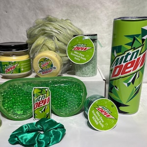 Handmade Deluxe Mountain Dew inspired Bath Gift Set with Mtn Dew Scented Bath Products & Mtn Dew Tumbler, Mtn Dew Scented candle and more..