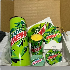 Mountain Dew Themed Gift Set 20 Oz Tumbler | MTN Dew scented Candle, Triple Butter Body Soap, Coasters and Air Freshener