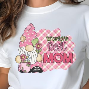 World&#39;s Best Mom Gnome Shirt | Cute Gift for Mom | Gnome Shirt for Her | Pink Plaid Gonk Tee | Mom Gnome Graphic Tee | Cute Gnome T-Shirt