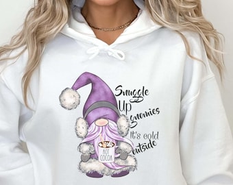 Gnome Winter Hoodie, Snuggle Up Gnomies It Is Cold Outside Purple Winter Sweatshirt Women