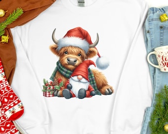 Gnome Christmas Shirt with Highland Cow Sublimation Winter Sweatshirts For Women