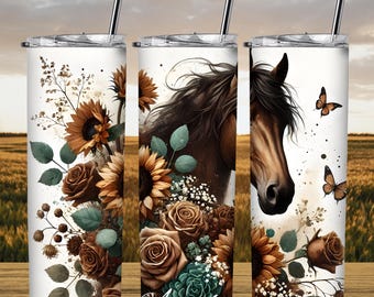 Personalized Horse Tumbler with Sunflowers & Butterflies - Insulated Gift Cup