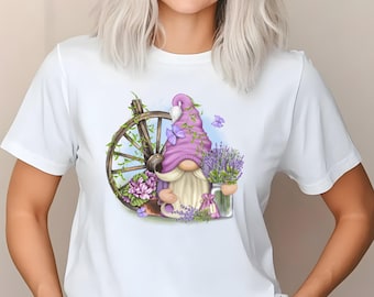 Lavender Gnome Shirt Women, Sublimation Floral Tee Spring Garden Gift