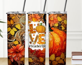 Fall Teacher Life 20oz Skinny Tumbler - Teacher Gifts, Women's Teacher Appreciation Gift, Back to School 20 oz Travel Hot or Cold Coffee Cup