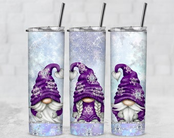 Purple Gnome Tumbler with Lid, 20oz Winter Snowflake Cup, Gnome Tumbler for Cold Drinks, Cute Holiday Gnome Cup, Winter Gnome lover Gift