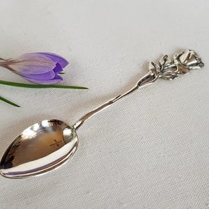 Silver coffee spoon, 830 S, Three crowns. Swedish antique spoon with rose shaped handle. Small sterling spoon, Sweden. Real silver