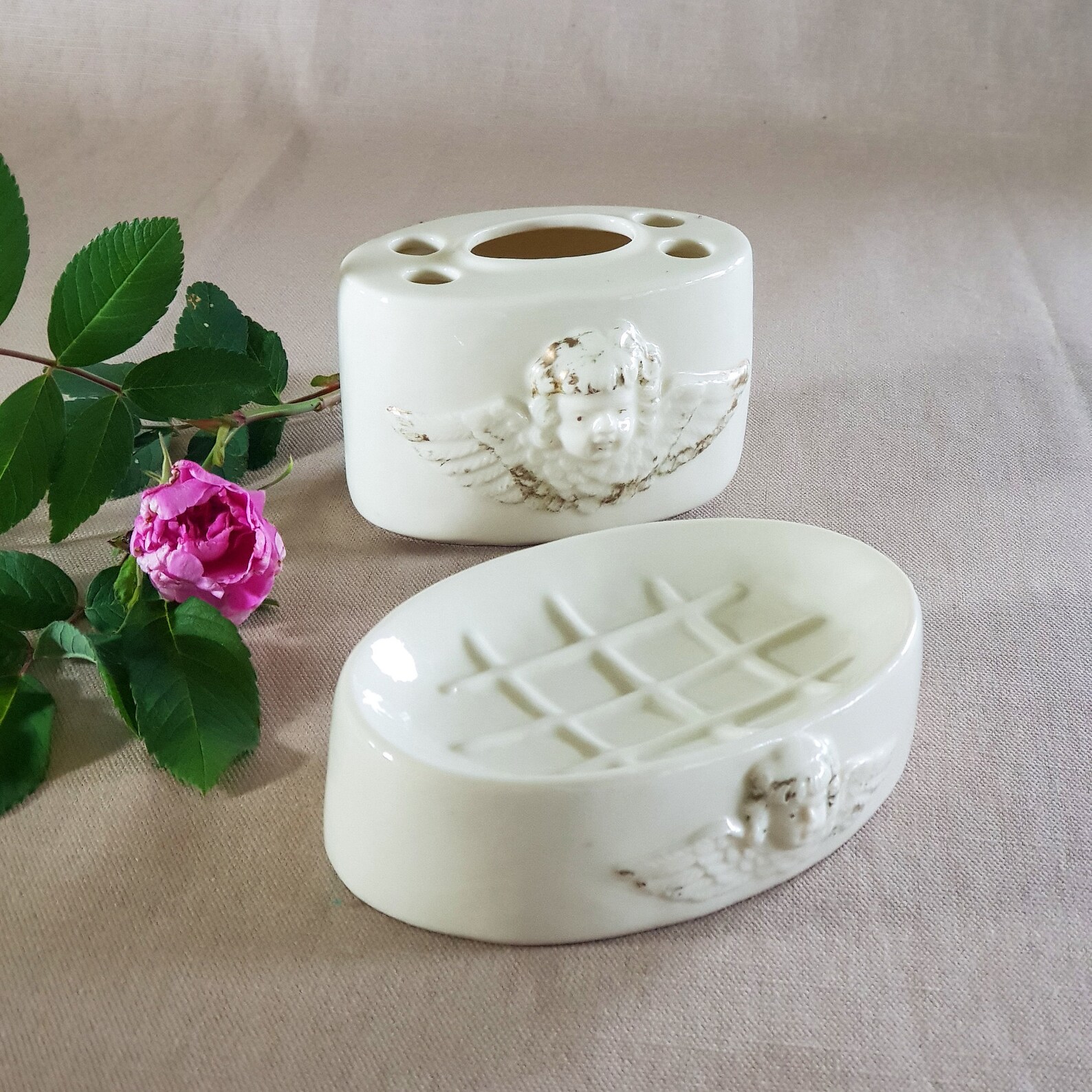Soap dish and toothbrush holder. Vintage ceramic set for Etsy