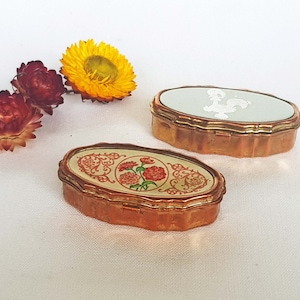 Set of 2 small vintage boxes one of them with mirror. Pocket pill box. Tiny trinket box. Antique brass box, cooper box, pill case, snuff box