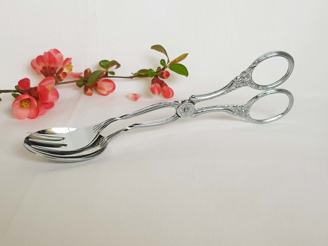 Vintage Salad Tongs With Pierced Floral Pattern. Large Serving Tongs