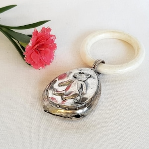 Vintage baby rattle. Antique rattle. Silver rattle with teddy  bear. Сute gift for young mother. Gift to expectant mother. Babyshower gift