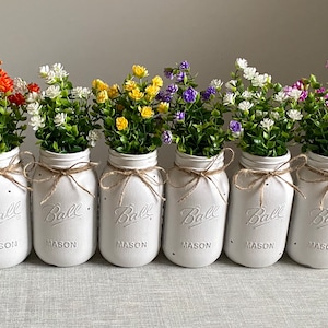 Chalk painted distressed Quart size mason jar vases w/faux flowers included