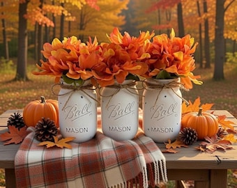 Chalk painted distressed white mason jar vases w/faux fall flowers included