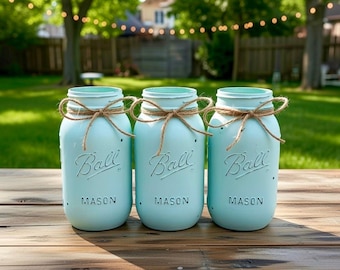 Chalk painted distressed Quart size mason jar vases (set of 3)