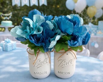 Chalk painted distressed white mason jar vases w/faux flowers included