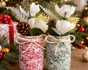 Chalk painted mason jar vases w/faux flowers included