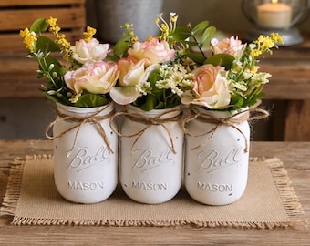 Chalk painted distressed mason jar vases w/faux flowers included