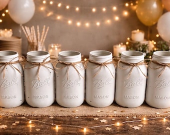 Chalk painted distressed Quart size white mason jar vases (set of 6)