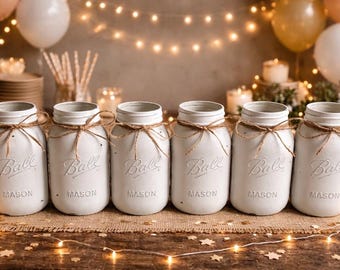 Chalk painted distressed Quart size white mason jar vases (set of 7)