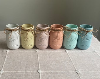 Set of 6 chalk painted distressed mason jar vases…mix & match colors!