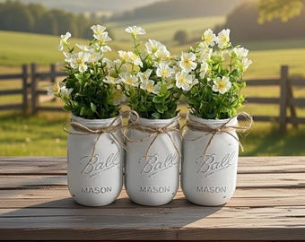 Chalk painted distressed white mason jar vases w/faux flowers included
