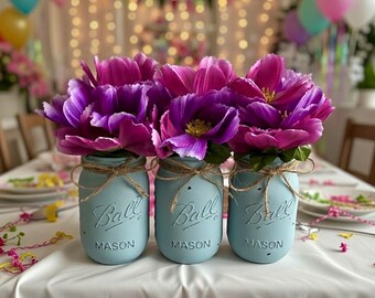 Chalk painted distressed mason jar vases w/faux flowers included