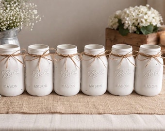 Chalk painted distressed Quart size white mason jar vases (set of 10)