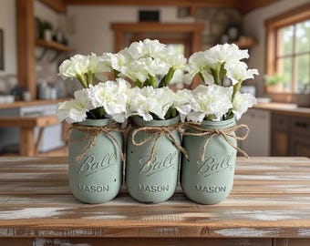 Chalk painted distressed mason jar vases w/faux flowers included