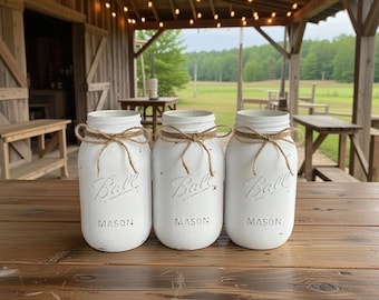 Chalk painted distressed Quart size white mason jar vases