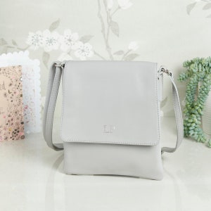 Crossbody Leather Bag in Light Grey | Monogram Foil Embossed Personalised | Dispatched Next Working Day