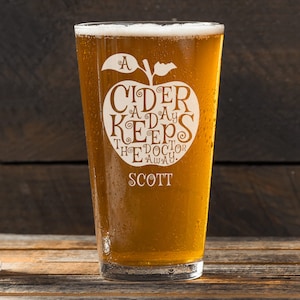 Personalised Cider Pint Glass | Funny Gift for Him | Custom Birthday Glass | Cider Lovers Gift | Keeps Doctor Away Design