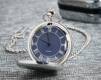 Chrome Pocket Watch Blue Dial | Engraved Pocket Watch | Despatched Same Working Day