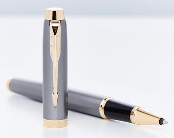 Personalised Parker IM Grey Gold Trim Rollerball Pen | Engraved Pen Gift for Him or Her Custom Black Ink Pen | Graduation Gifts