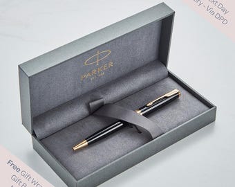 Personalised Parker Sonnet Black with Gold Trim Ballpoint Pen | Engraved Pen Gift for Him or Her Custom Black Ink Pen