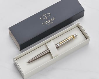 Engraved Parker Jotter Pen Personalised - Blue Ink | Parker Jotter Grey & Gold Trim Ballpoint Pen with Gift Box Graduation Gift Pen for Him