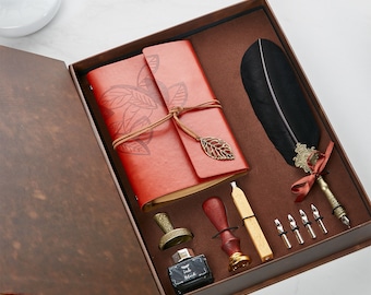 Large Black Feather Quill Pen Gift Set | Personalised Embossed | Dispatched Next Working Day