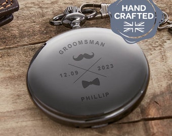 Groomsman Wedding Icons Gun Metal Pocket Watch | Engraved Pocket Watch | Despatched Same Working Day