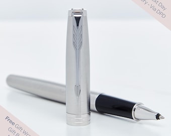 Personalised Parker Sonnet Stainless Steel Chrome Trim Rollerball Pen | Engraved Pen Gift for Him Her Graduation Custom Black Ink Pen