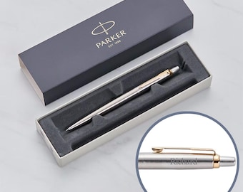 Engraved Parker Pen Personalised - Black Ink | Parker Silver Pen with Gold Trim & Gift Box | Graduation Gift, Pen for Him, Co-Worker Gift
