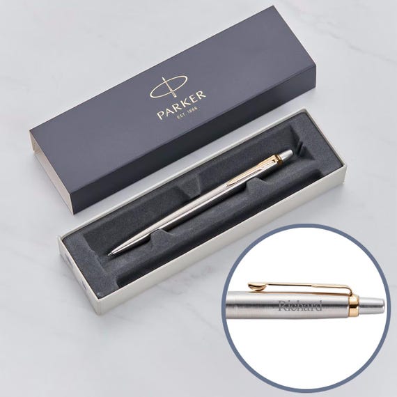 Engraved Parker Pen Personalised - Black Ink | Parker Silver Pen with Gold Trim & Gift Box | Graduation Gift, Pen for Him, Co-Worker Gift