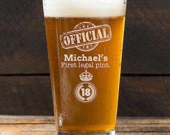 18th First Legal Pint Glass | Personalised Pint Glass | Despatched Next Working Day