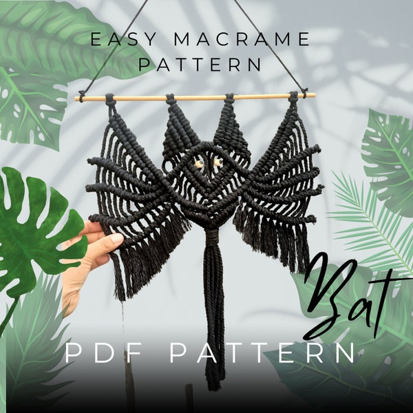 macramé bat black animals theme crochet pdf pattern tutorial for Halloween jungle wall décor easy to make pdf diy tutorial
