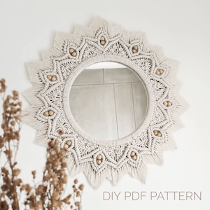 macramé round mirror wall hanging mandala DIY tutorial, boho white natural décor style