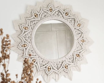 Tutorial de bricolaje de mandala para colgar en la pared con espejo redondo de macramé, estilo de decoración natural blanco bohemio