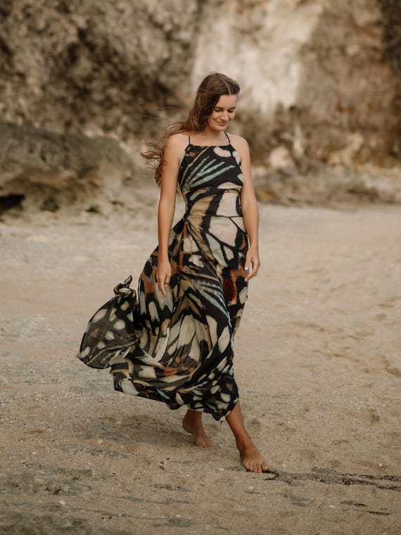 Summer Dress with Butterfly Print, Boho Maxi Dress, Handmade Cotton Beach & Resort Wear