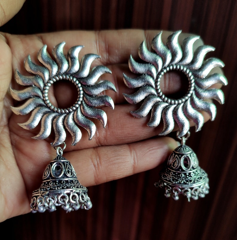 Oxidised Sun Designs Jhumka EarringsGerman Silver JhumkisOxidised EarringsBoho Earrings Indian EarringsTribal Earring Bollywood Earrings