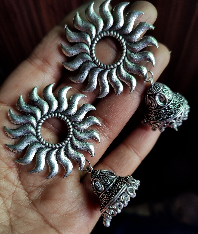 Oxidised Sun Designs Jhumka EarringsGerman Silver JhumkisOxidised EarringsBoho Earrings Indian EarringsTribal Earring Bollywood Earrings