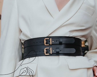 ◆LCDC◆ DOUBLE BUCKLE CORSET LEATHER BELT BLACK LCESAABT200 Double Buckle Belt,leather Wide Waist Belt,under Bust Corset
