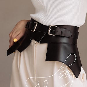 Leather basque waist corset, Leather peplum belt, Wide leather belt for dress, Wide leather belt plus size, Wide leather black belt