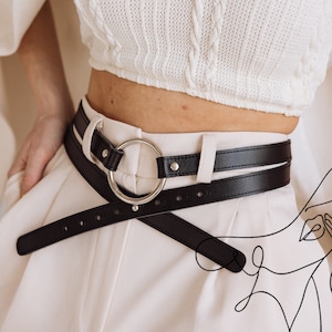 Womens wrap ring belt,Fashion belt,Black leather belt without buckle,High waist leather belt,Dress belts for women,O-ring belt