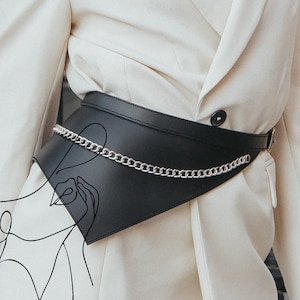 Leather asymmetric belt with chain, Leather peplum belt, Peplum skirt belt, Wide leather waist belt, Leather cincher belt, Basque belt